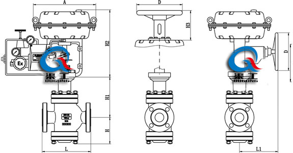 氣動薄膜雙座調節閥(外形尺寸圖) 氣動薄膜雙座調節閥(外形尺寸圖)