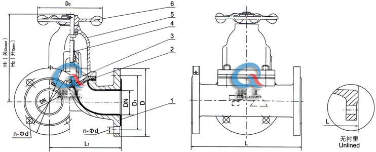 G49W三通無襯里隔膜閥 尺寸圖 G49W三通無襯里隔膜閥 尺寸圖